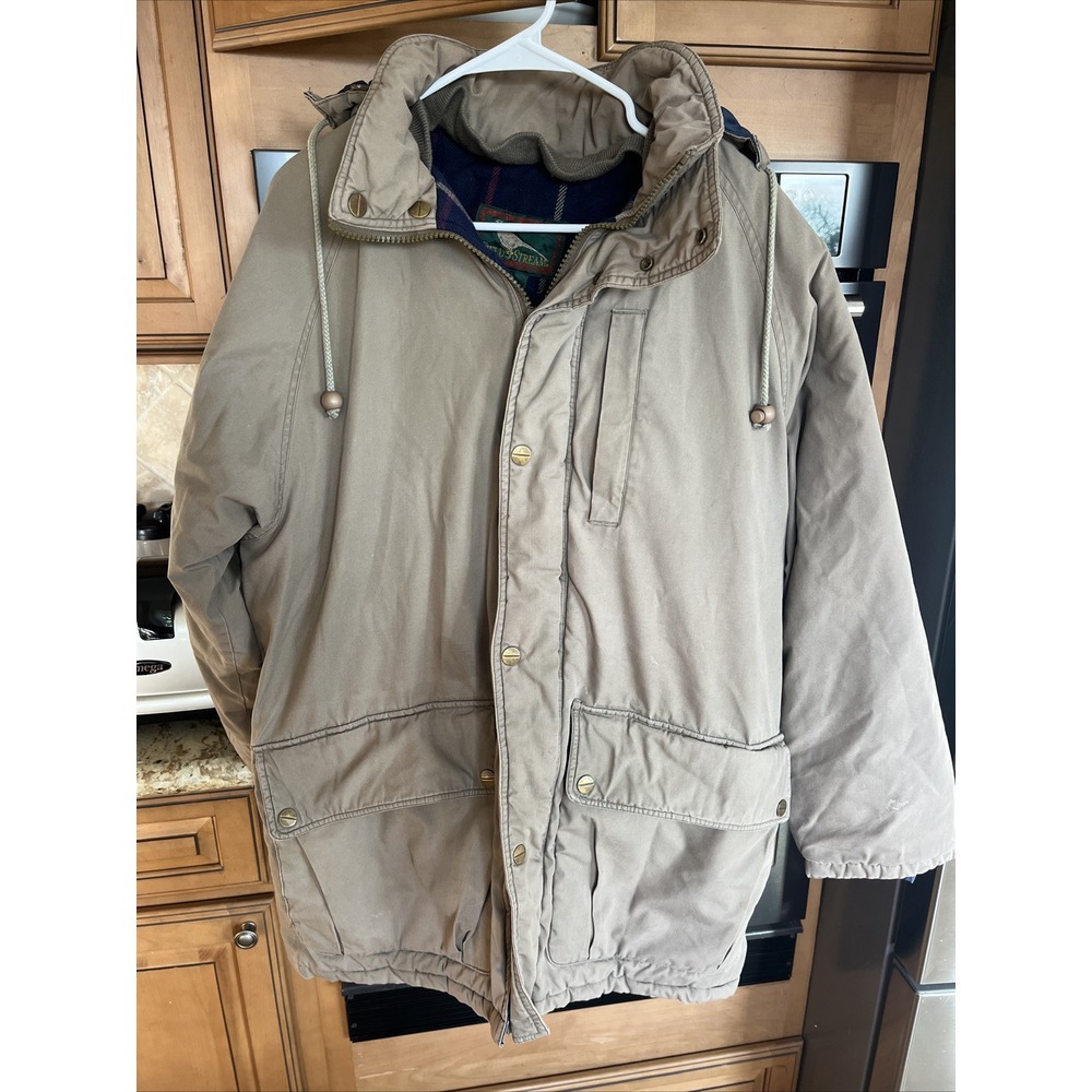VTG Field & Stream Hooded Jacket Men's M Beige Quilt‎ Blanket Plaid Lined Coat